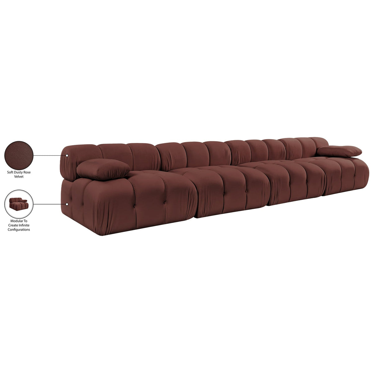 Orin Rose Velvet Performance Fabric Upholstered 4 Piece Modular Sofa