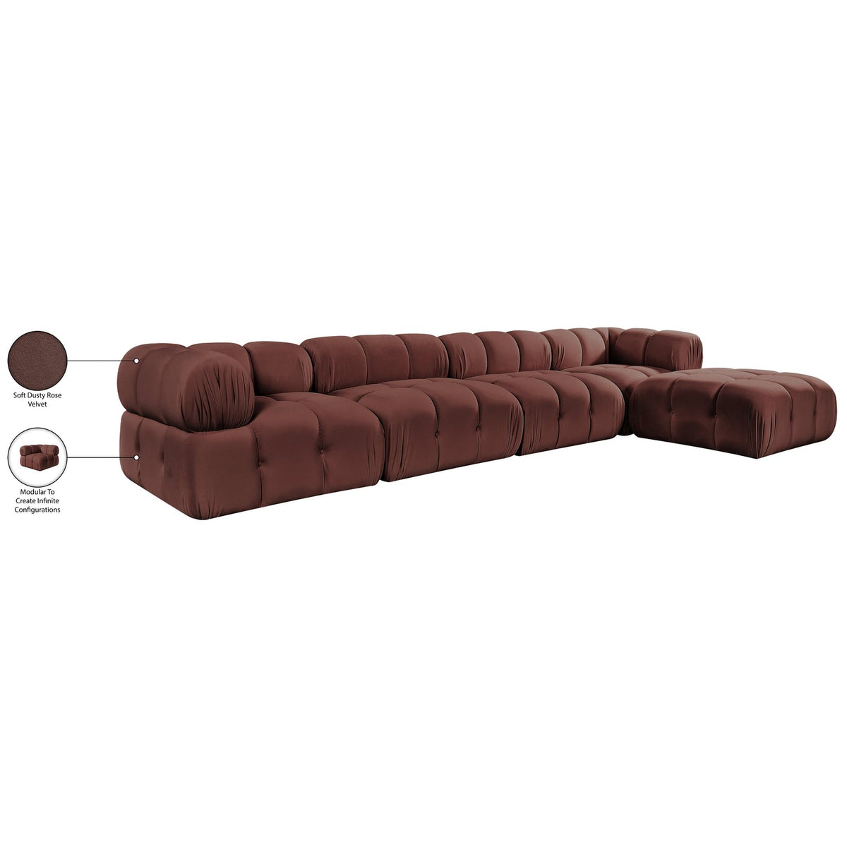 Orin Rose Velvet Performance Fabric Upholstered 5 Piece Modular Sectional Sofa