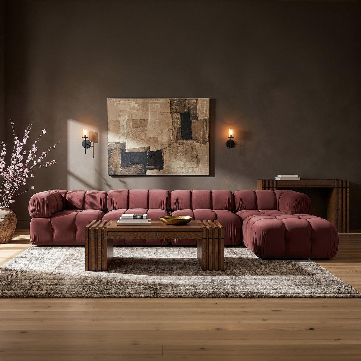 Orin Rose Velvet Performance Fabric Upholstered 5 Piece Modular Sectional Sofa