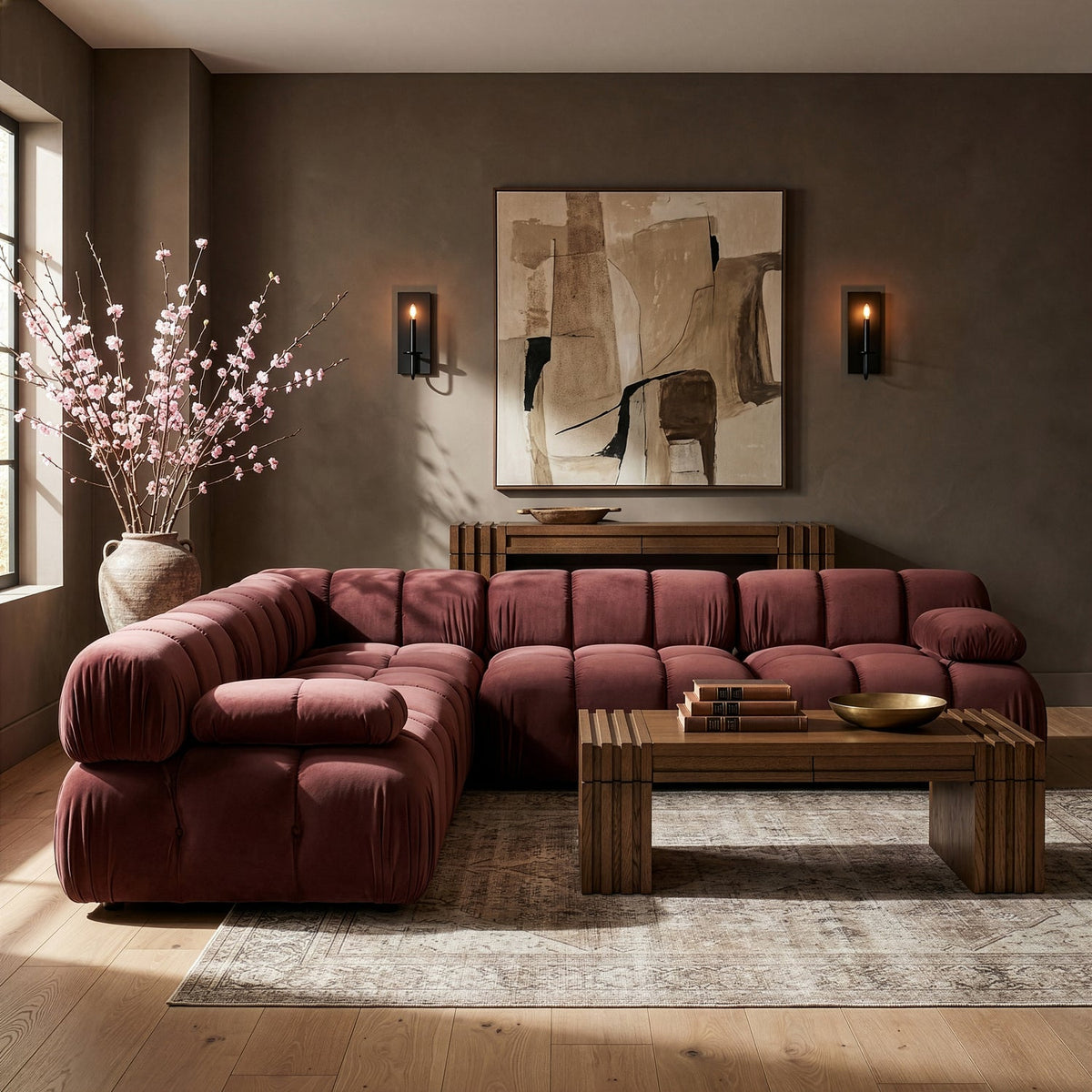 Orin Rose Velvet Performance Fabric Upholstered 5 Piece Modular Sectional Sofa
