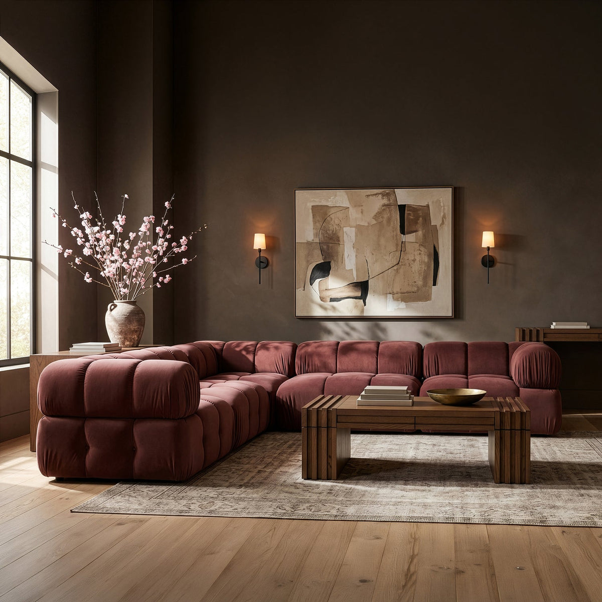 Orin Rose Velvet Performance Fabric Upholstered 5 Piece Modular Sectional Sofa