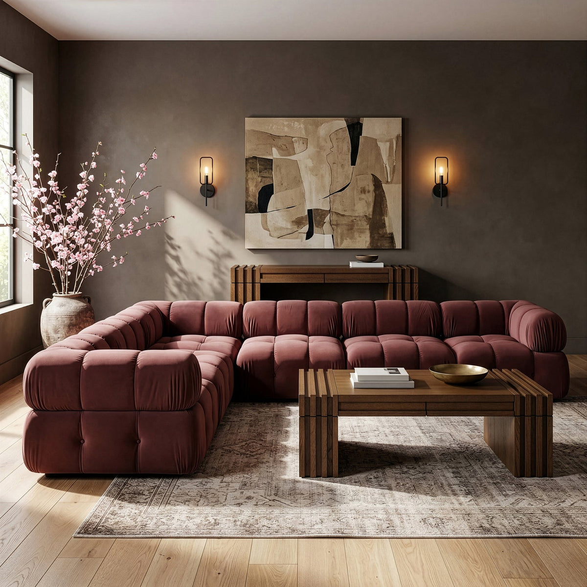 Orin Rose Velvet Performance Fabric Upholstered 6 Piece Modular Sectional Sofa
