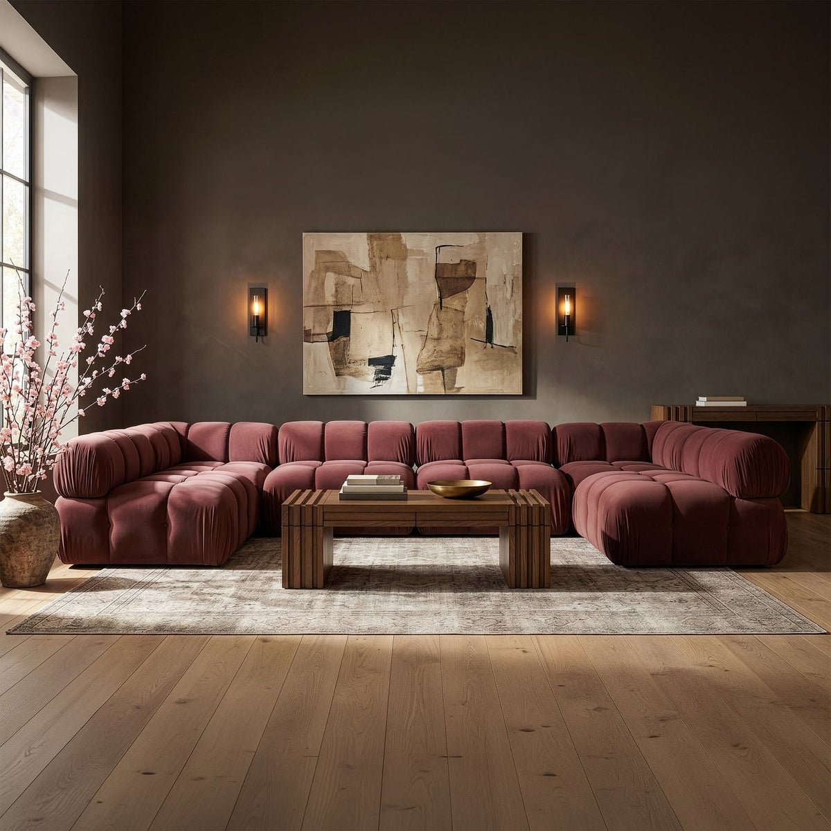 Orin Rose Velvet Performance Fabric Upholstered 6 Piece Modular Sectional Sofa