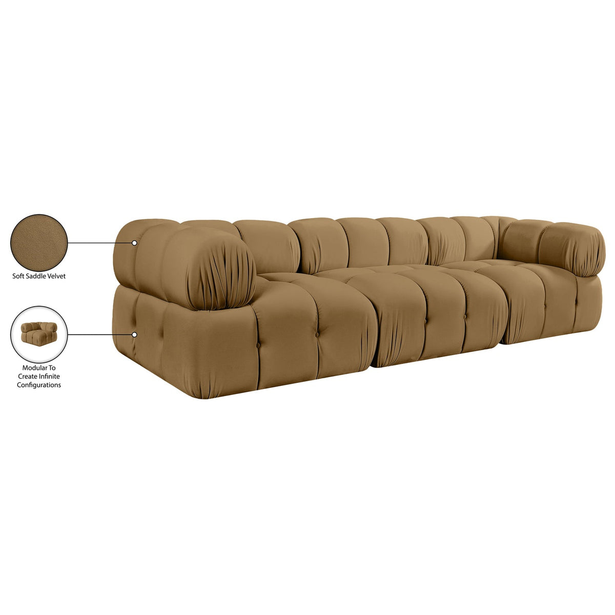 Orin Saddle Velvet Performance Fabric Upholstered 3 Piece Modular Sofa