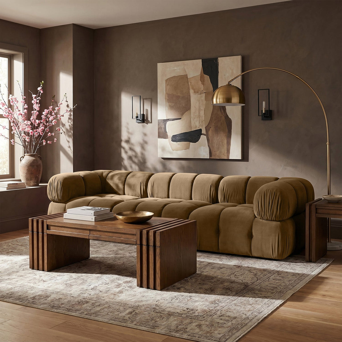 Orin Saddle Velvet Performance Fabric Upholstered 3 Piece Modular Sofa