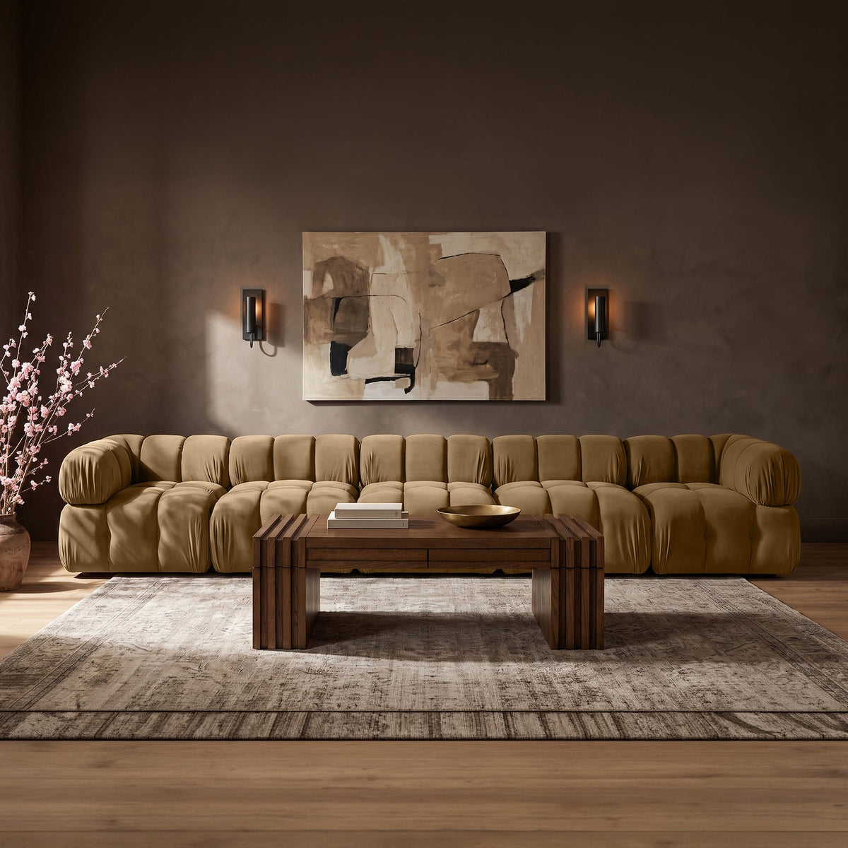 Orin Saddle Velvet Performance Fabric Upholstered 5 Piece Modular Sofa