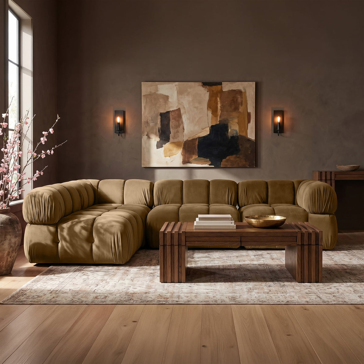 Orin Saddle Velvet Performance Fabric Upholstered 4 Piece Modular Sectional Sofa