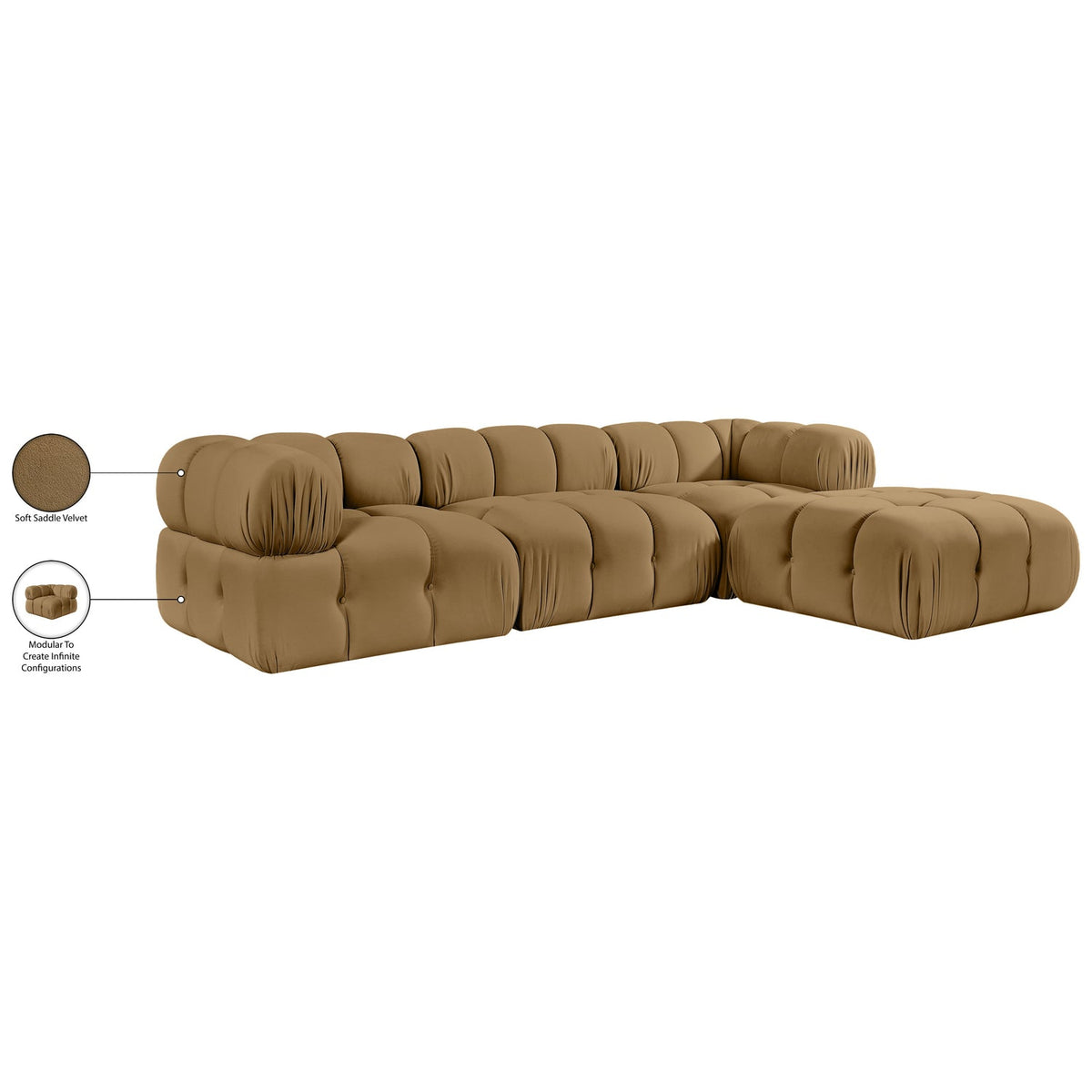 Orin Saddle Velvet Performance Fabric Upholstered 4 Piece Modular Sectional Sofa