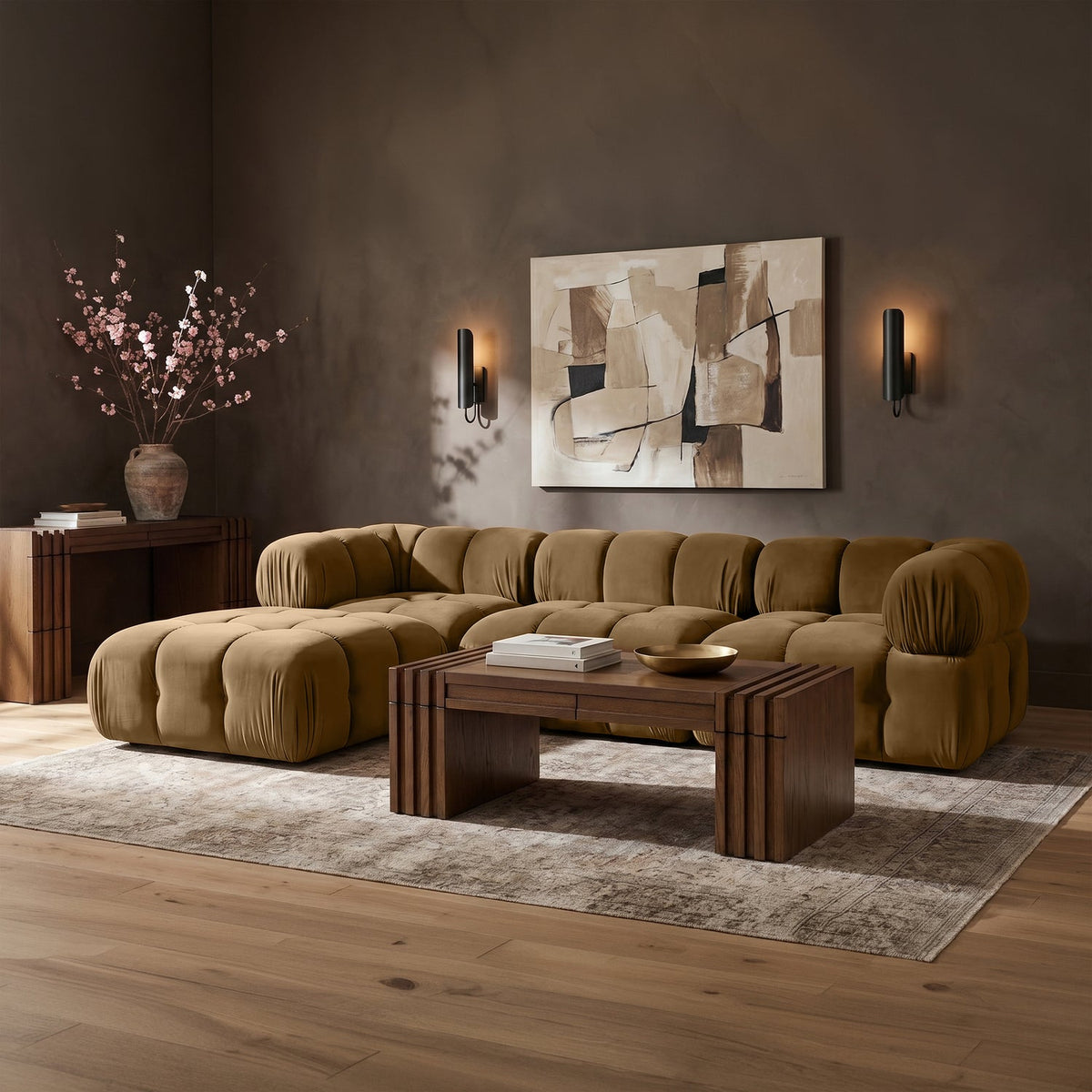 Orin Saddle Velvet Performance Fabric Upholstered 4 Piece Modular Sectional Sofa