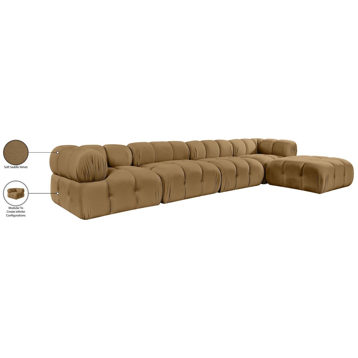 Orin Saddle Velvet Performance Fabric Upholstered 5 Piece Modular Sectional Sofa