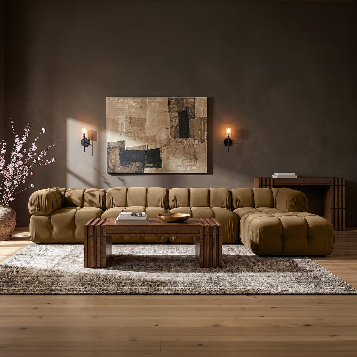 Orin Saddle Velvet Performance Fabric Upholstered 5 Piece Modular Sectional Sofa