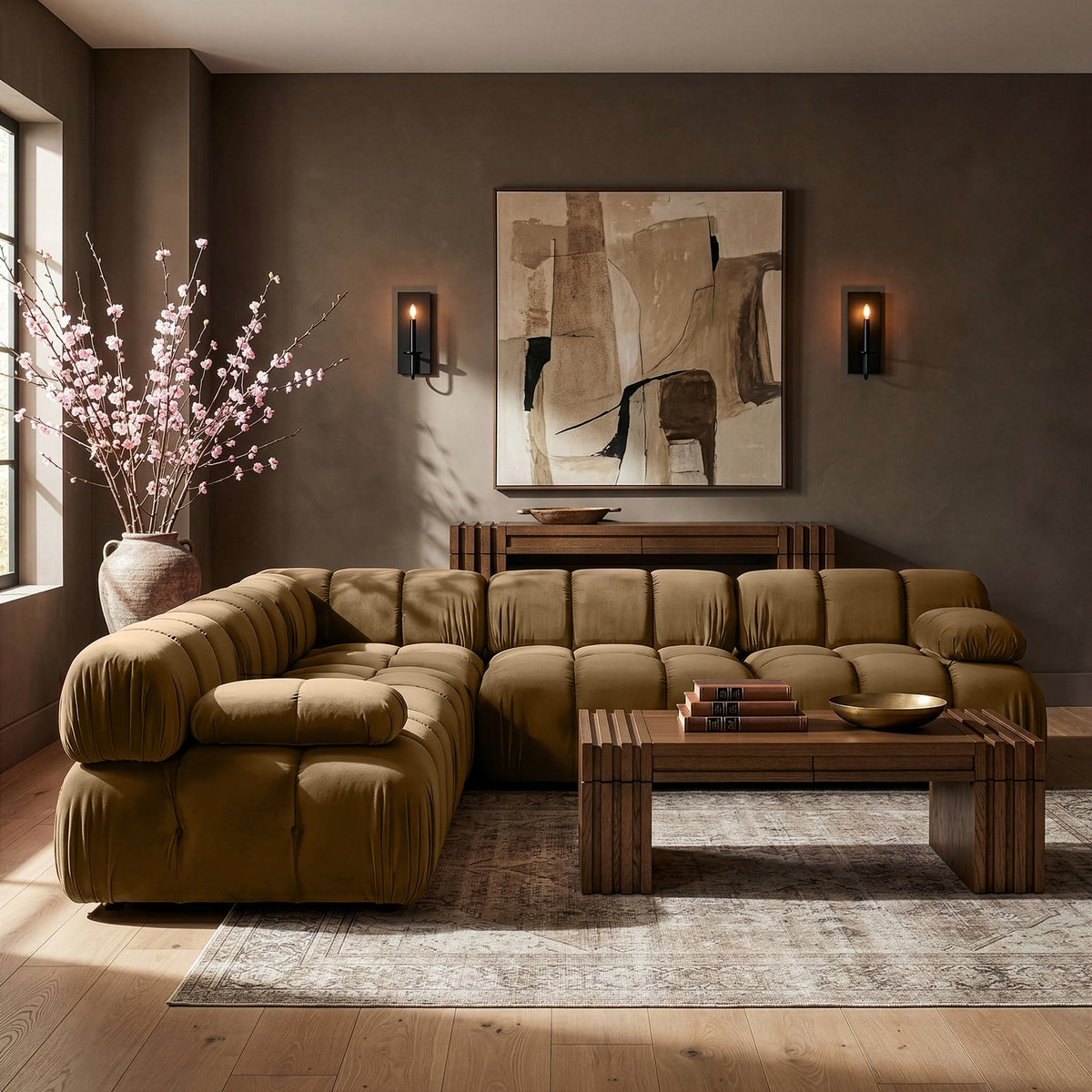 Orin Saddle Velvet Performance Fabric Upholstered 5 Piece Modular Sectional Sofa