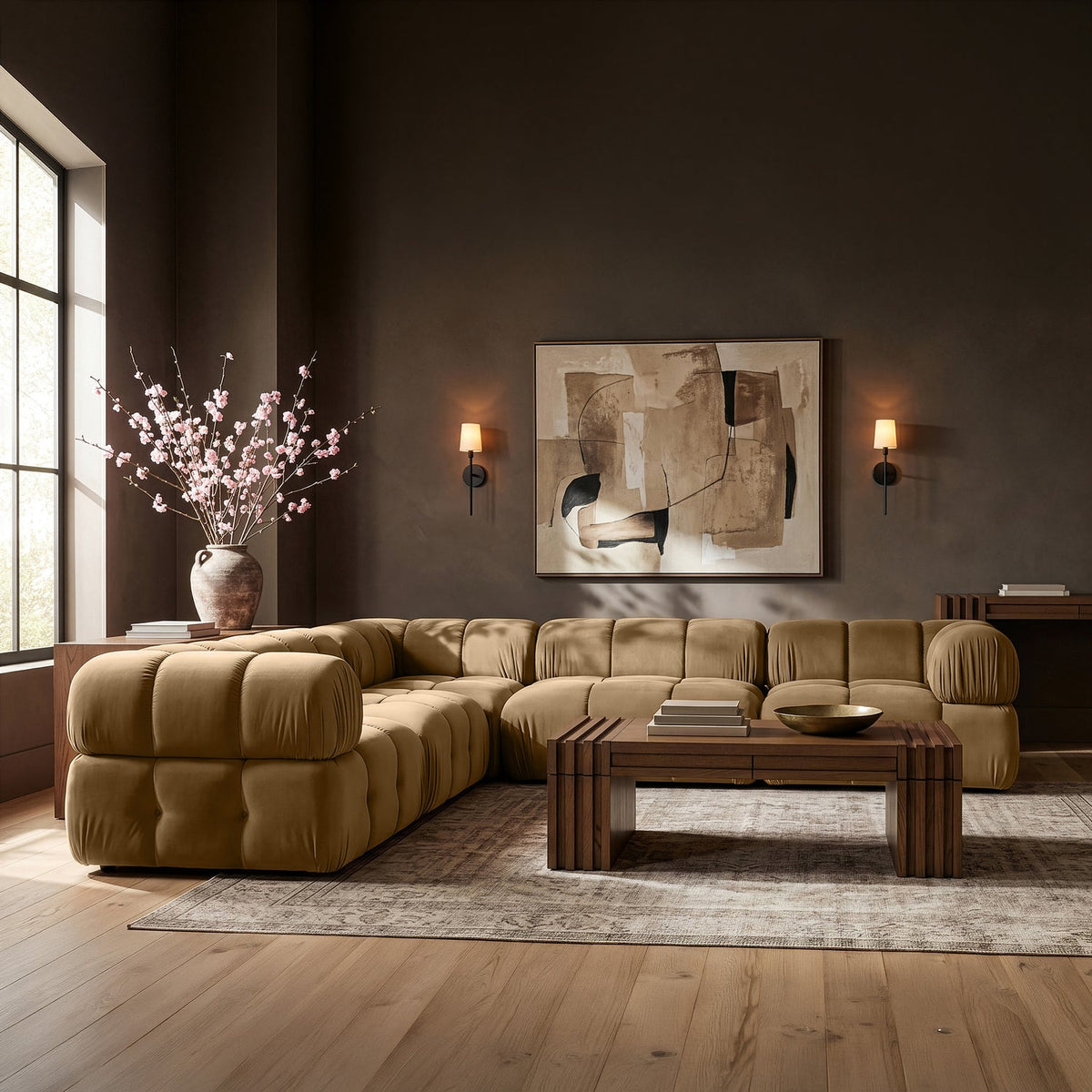 Orin Saddle Velvet Performance Fabric Upholstered 5 Piece Modular Sectional Sofa