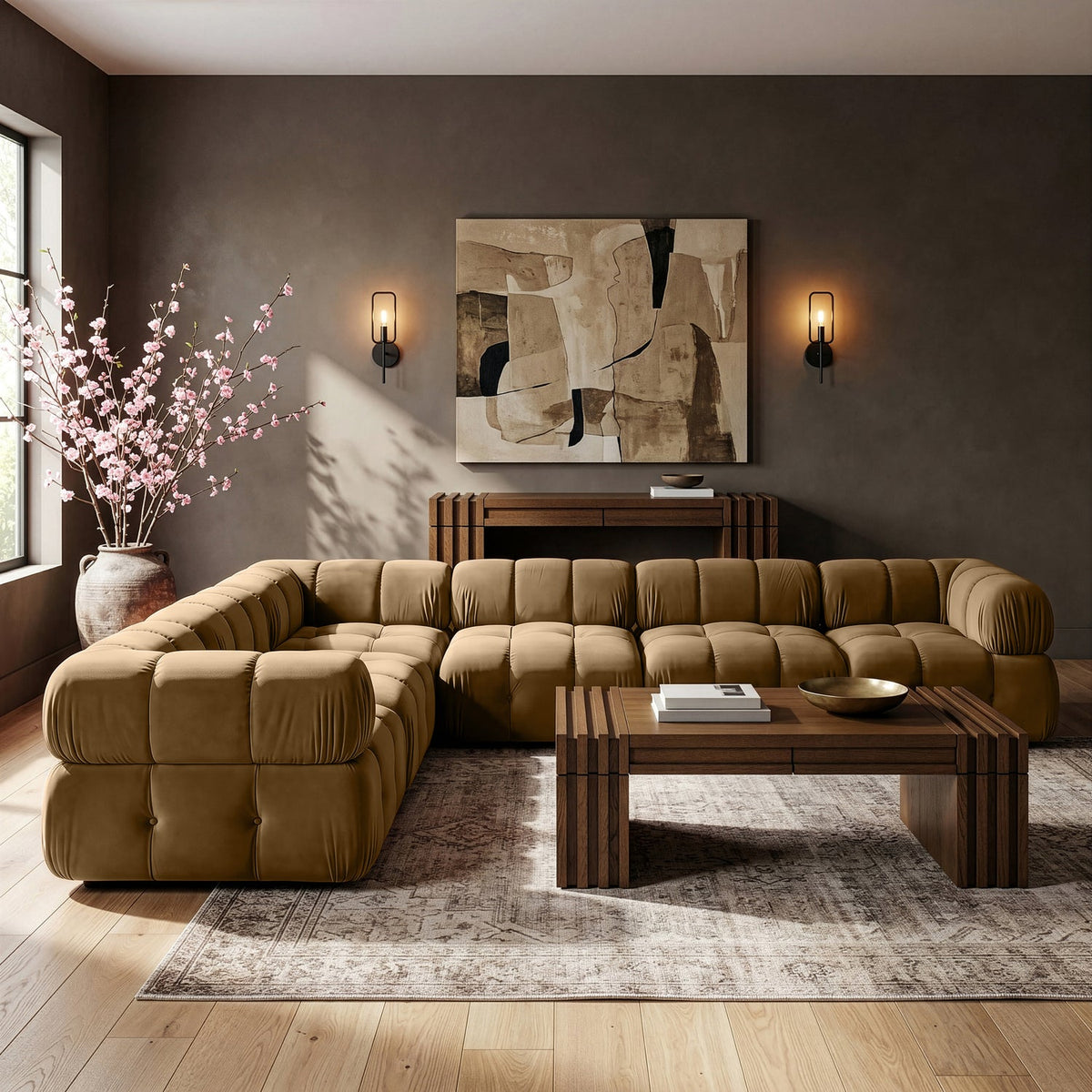 Orin Saddle Velvet Performance Fabric Upholstered 6 Piece Modular Sectional Sofa