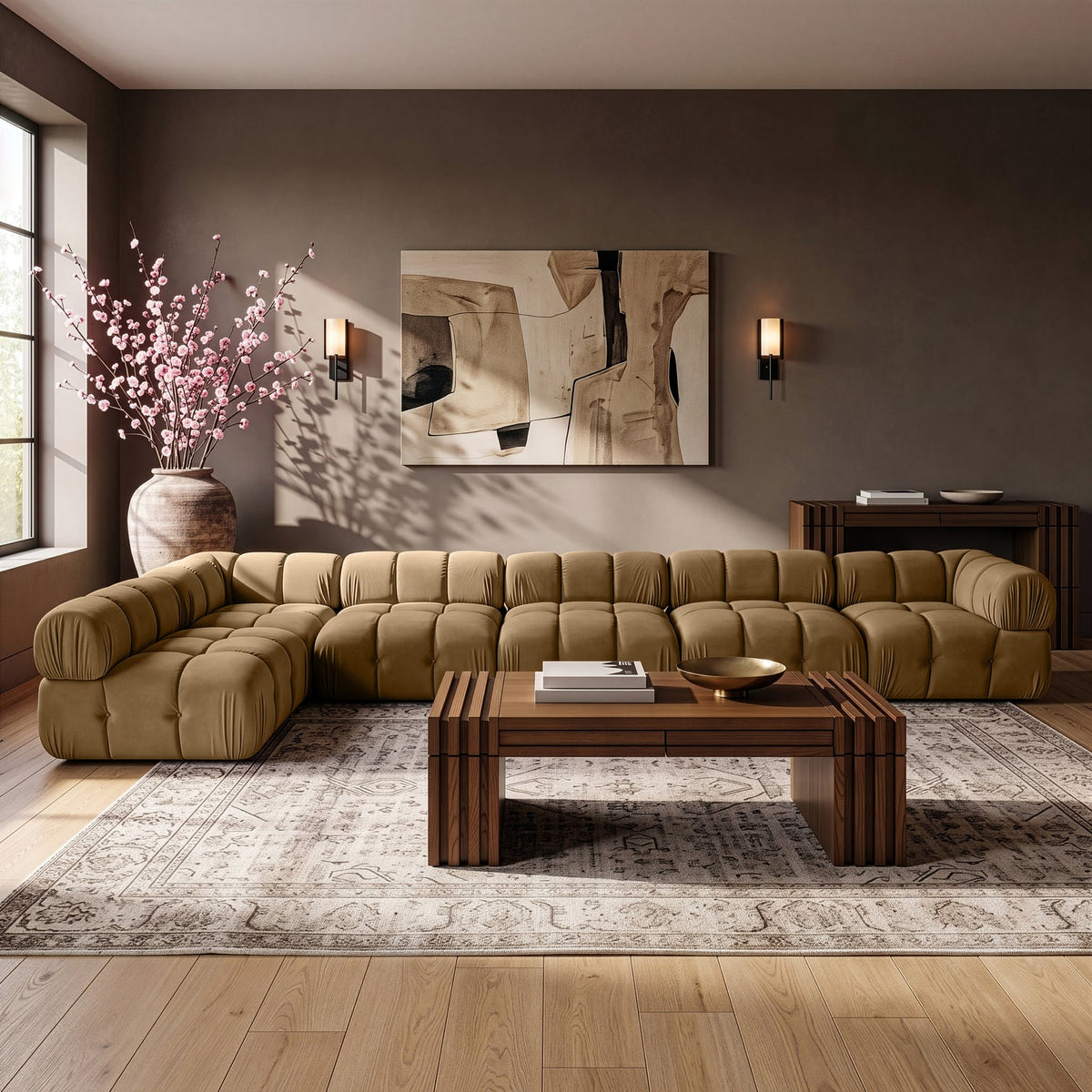 Orin Saddle Velvet Performance Fabric Upholstered 6 Piece Modular Sectional Sofa