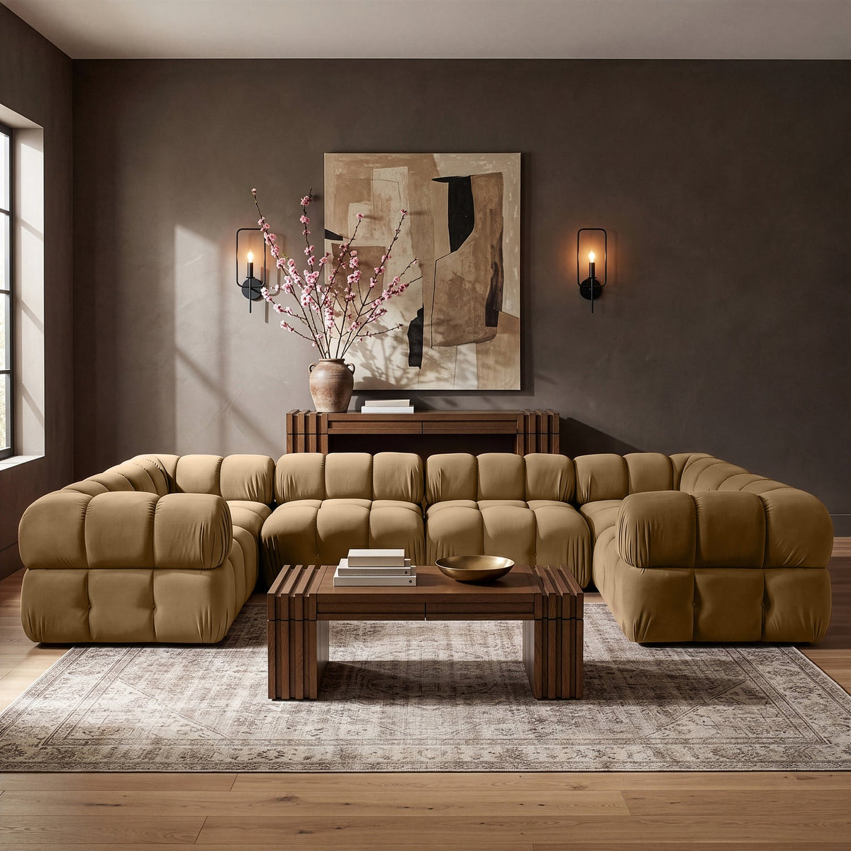 Orin Saddle Velvet Performance Fabric Upholstered 6 Piece Modular Sectional Sofa