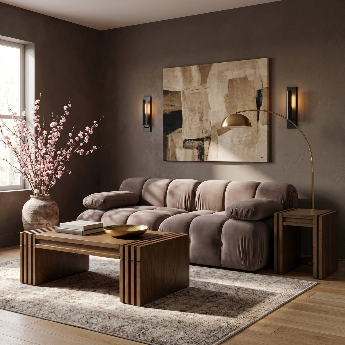 Orin Taupe Velvet Performance Fabric Upholstered 2 Piece Modular Sofa