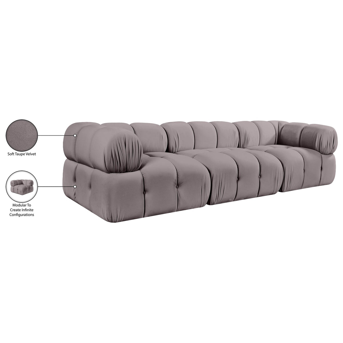 Orin Taupe Velvet Performance Fabric Upholstered 3 Piece Modular Sofa