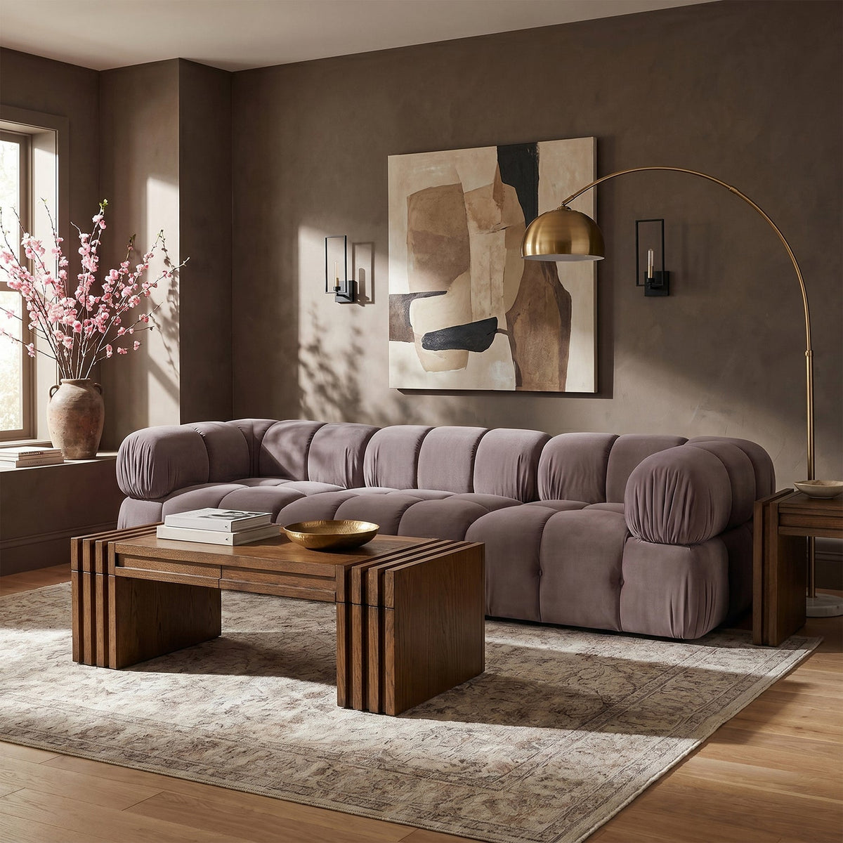 Orin Taupe Velvet Performance Fabric Upholstered 3 Piece Modular Sofa