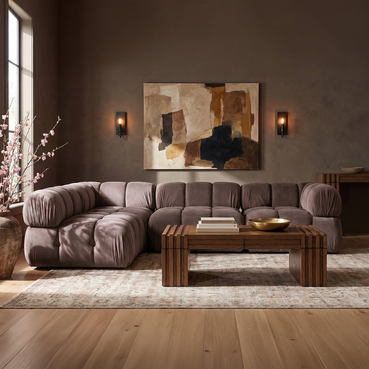 Orin Taupe Velvet Performance Fabric Upholstered 4 Piece Modular Sectional Sofa