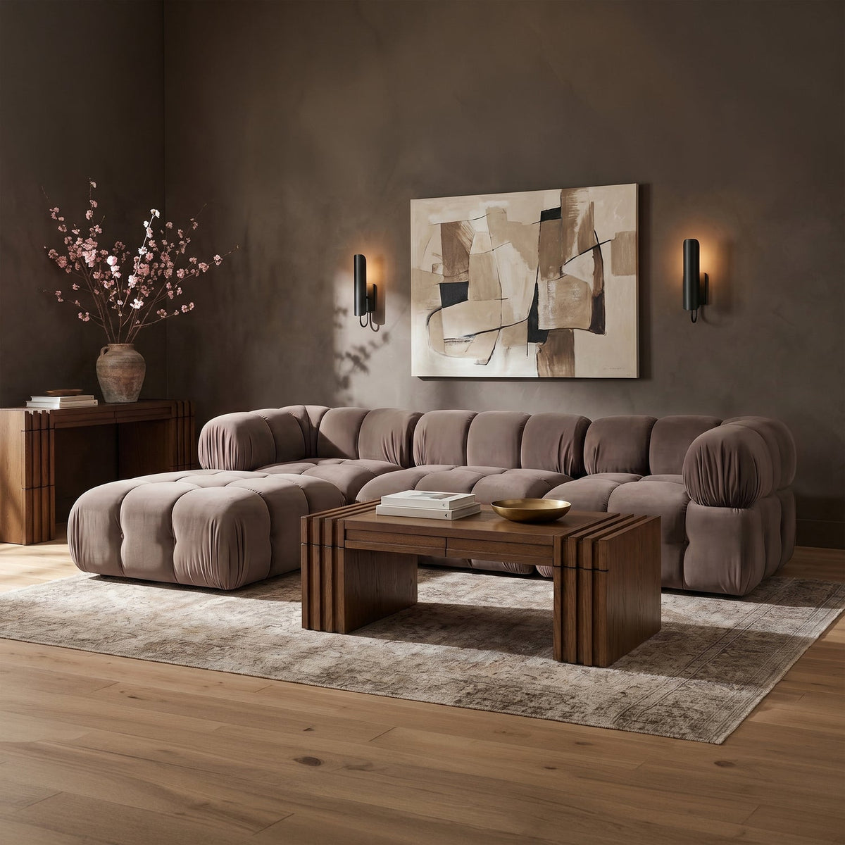 Orin Taupe Velvet Performance Fabric Upholstered 4 Piece Modular Sectional Sofa
