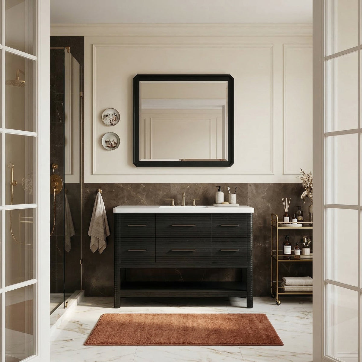 Oakwell 48in Black Engineered Stone And Solid Wood Bathroom Vanity