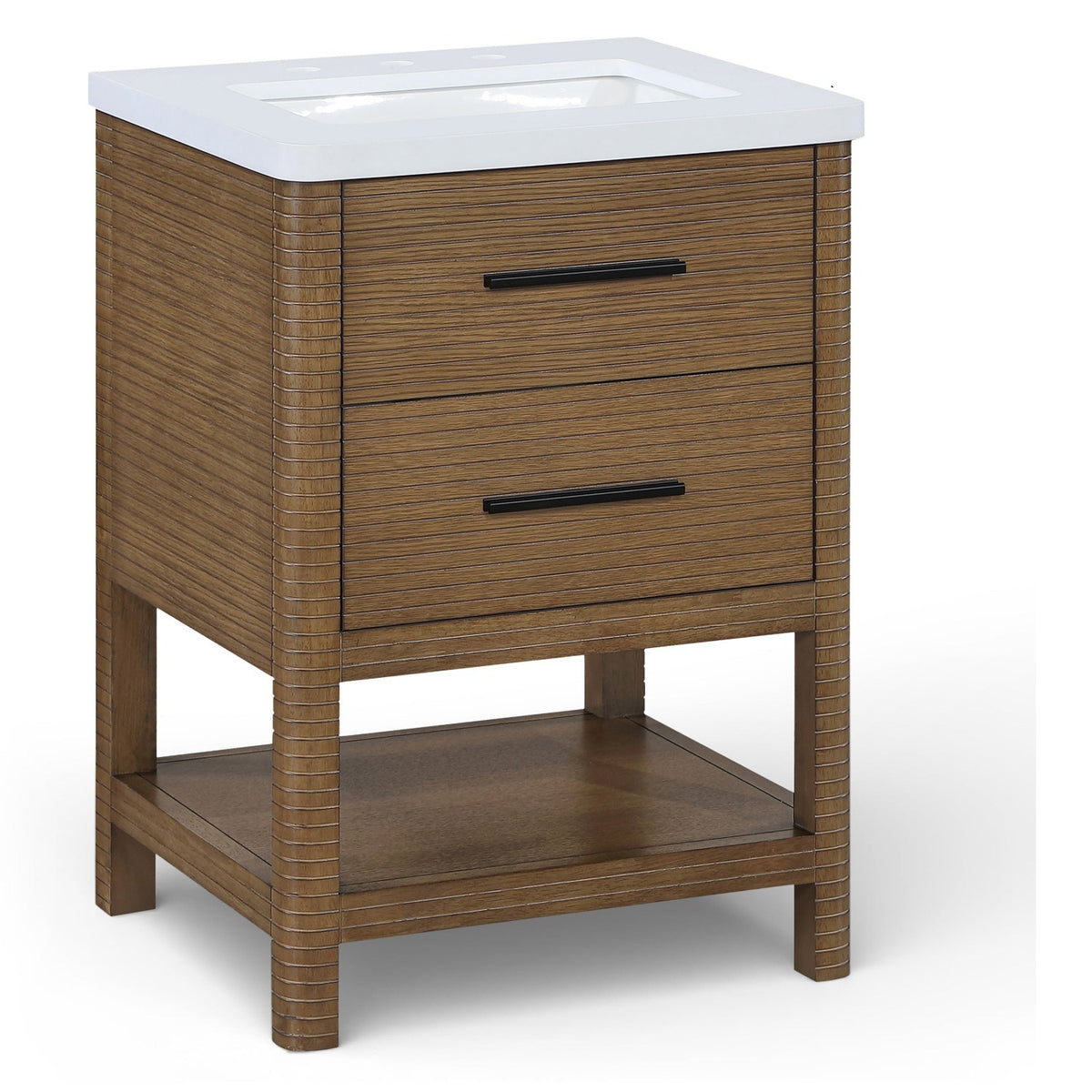 Oakwell 24" Brown Engineered Stone And Solid Wood Bathroom Vanity in rich brown wood, white stone top, primary product view