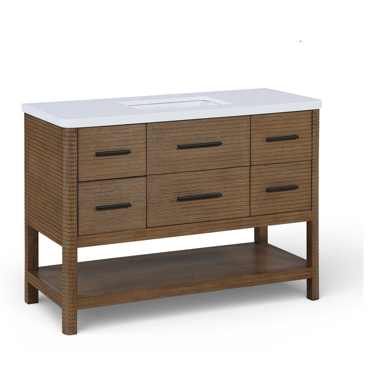 Oakwell 48" Bathroom Vanity in brown walnut wood with white engineered stone top, primary product view