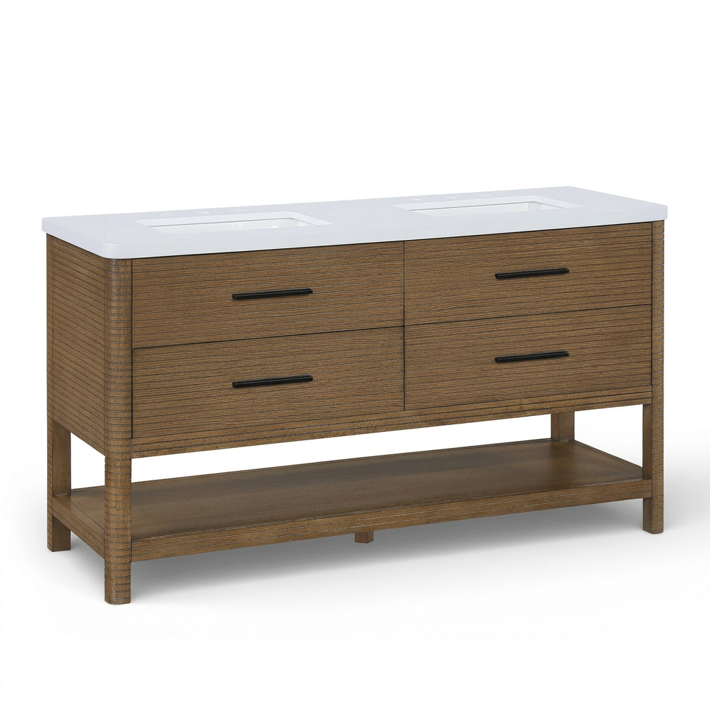 Oakwell 60" Bathroom Vanity in brown walnut wood with white engineered stone top, primary product view