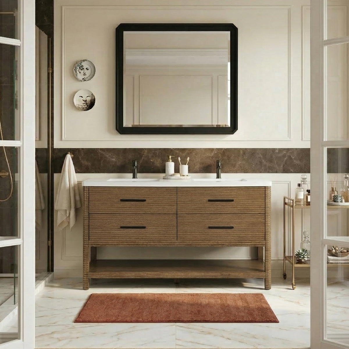Oakwell 60in Brown Engineered Stone And Solid Wood Bathroom Vanity