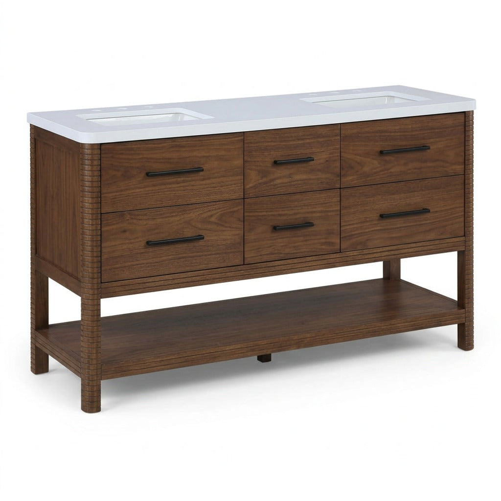 Oakwell 72" Bathroom Vanity in brown walnut wood with white engineered stone top, primary product view