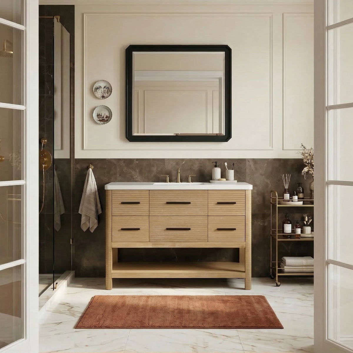 Oakwell 48in Natural Engineered Stone And Solid Wood Bathroom Vanity
