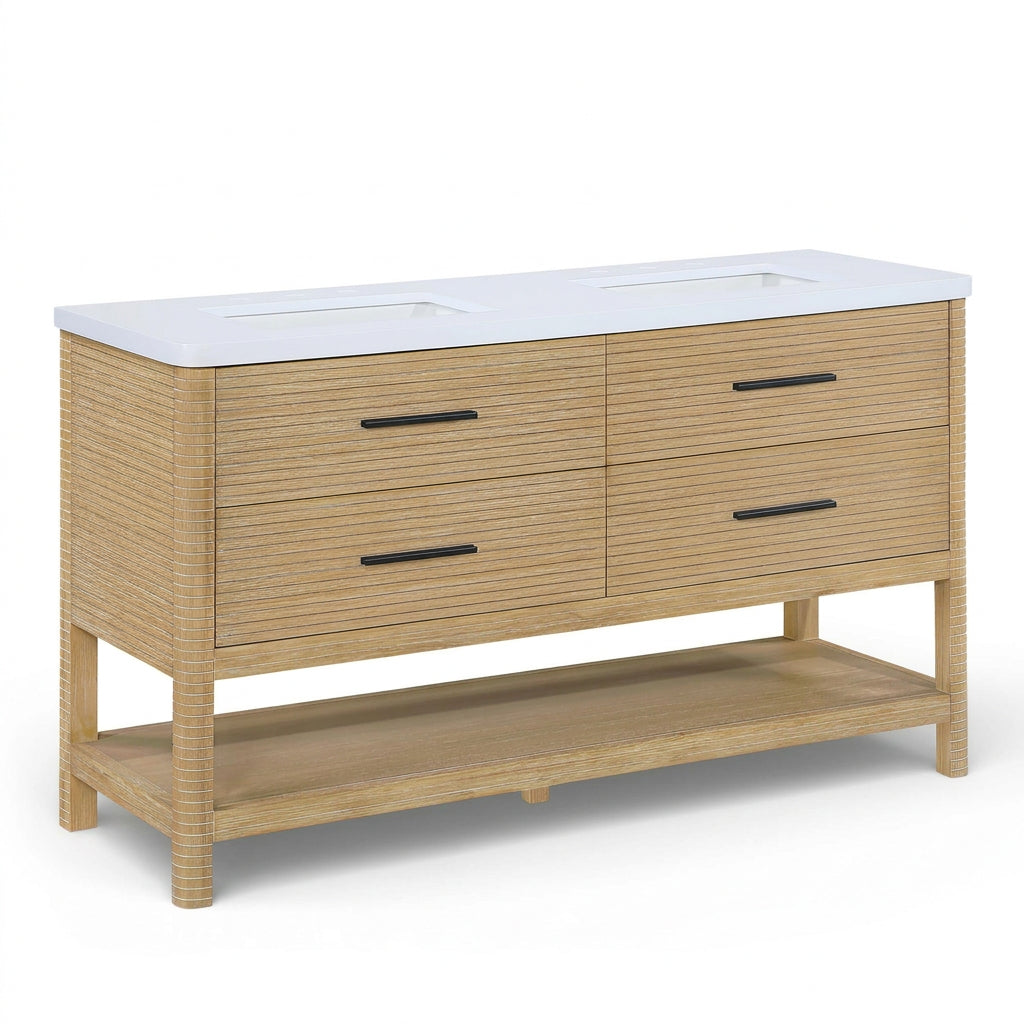 Oakwell 60" Bathroom Vanity in natural wood with white engineered stone top, primary product view