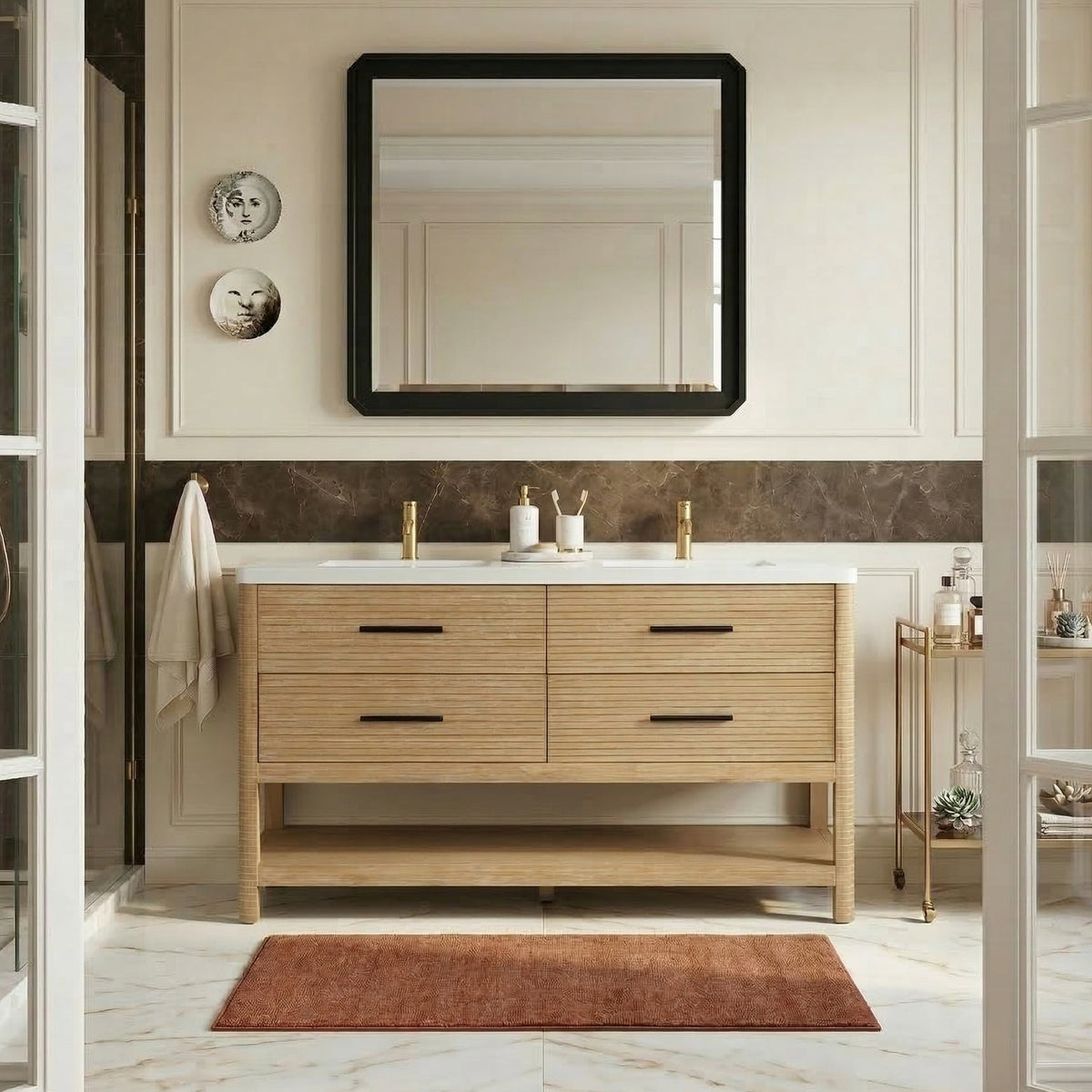 Oakwell 60in Natural Engineered Stone And Solid Wood Bathroom Vanity