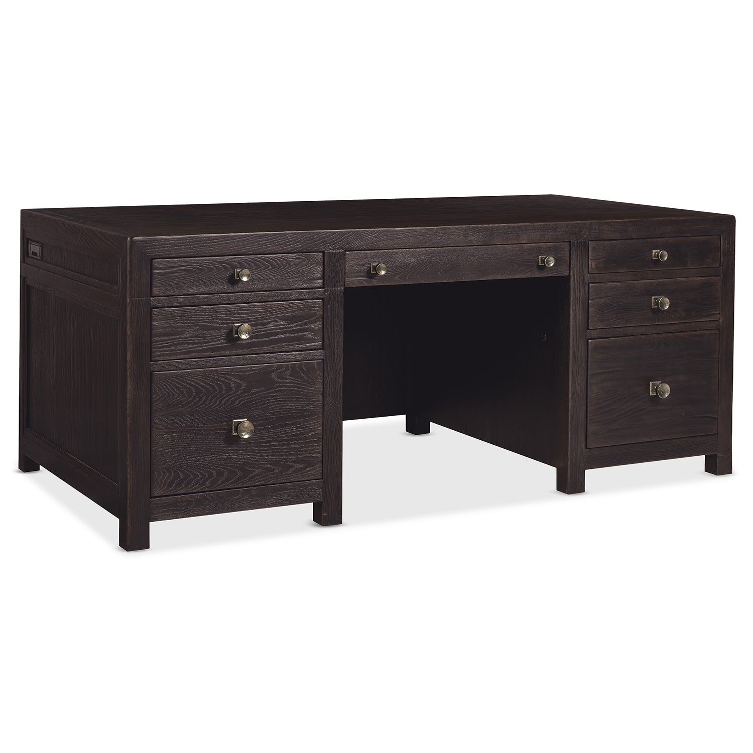 Side profile of the Driftwood Burnt Timber Executive Desk showing its silhouette and proportions