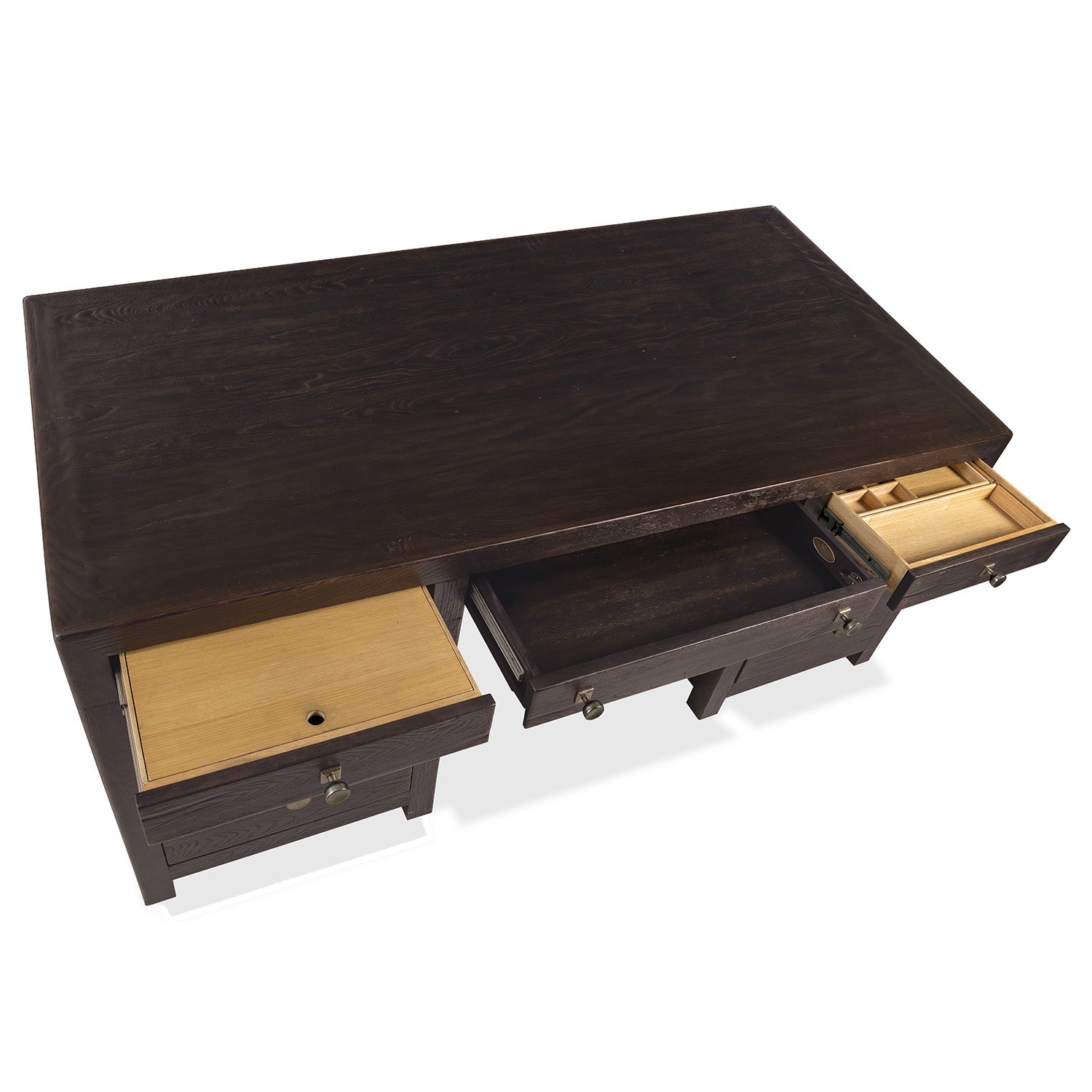 Overhead view of the Driftwood Burnt Timber Executive Desk top surface and finish