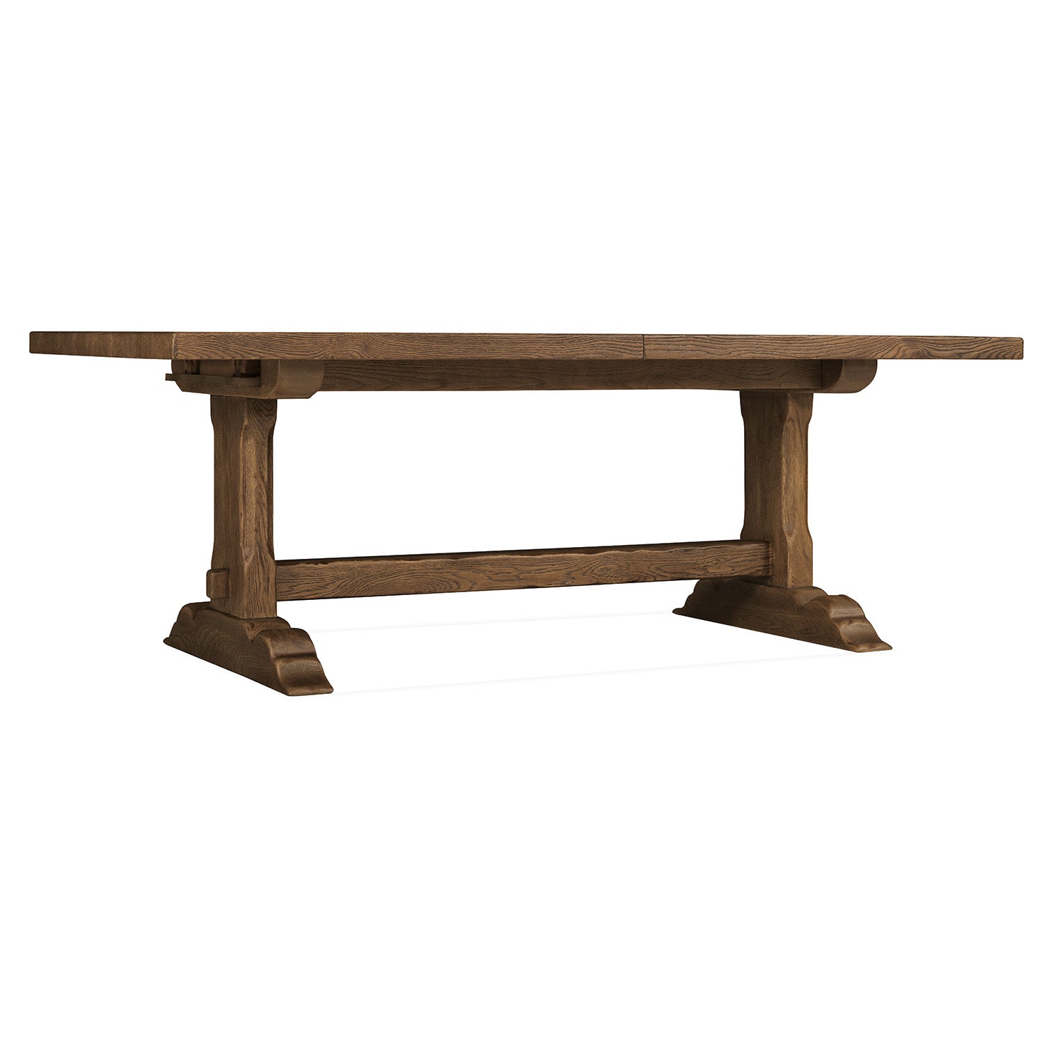 Side profile of the Driftwood Worn Saddle Rectangle Dining Table with Two 20-inch Leaves showing its silhouette and proportio