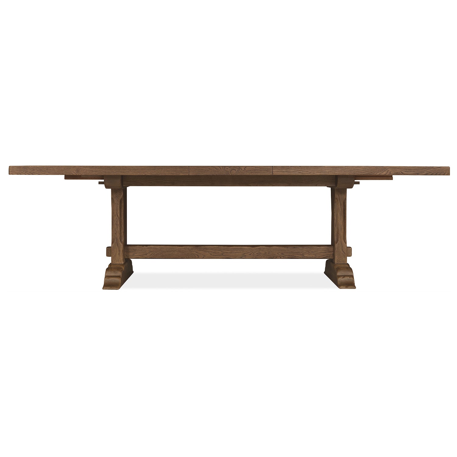 The Driftwood Worn Saddle Rectangle Dining Table with Two 20-inch Leaves styled in a room setting for scale and context