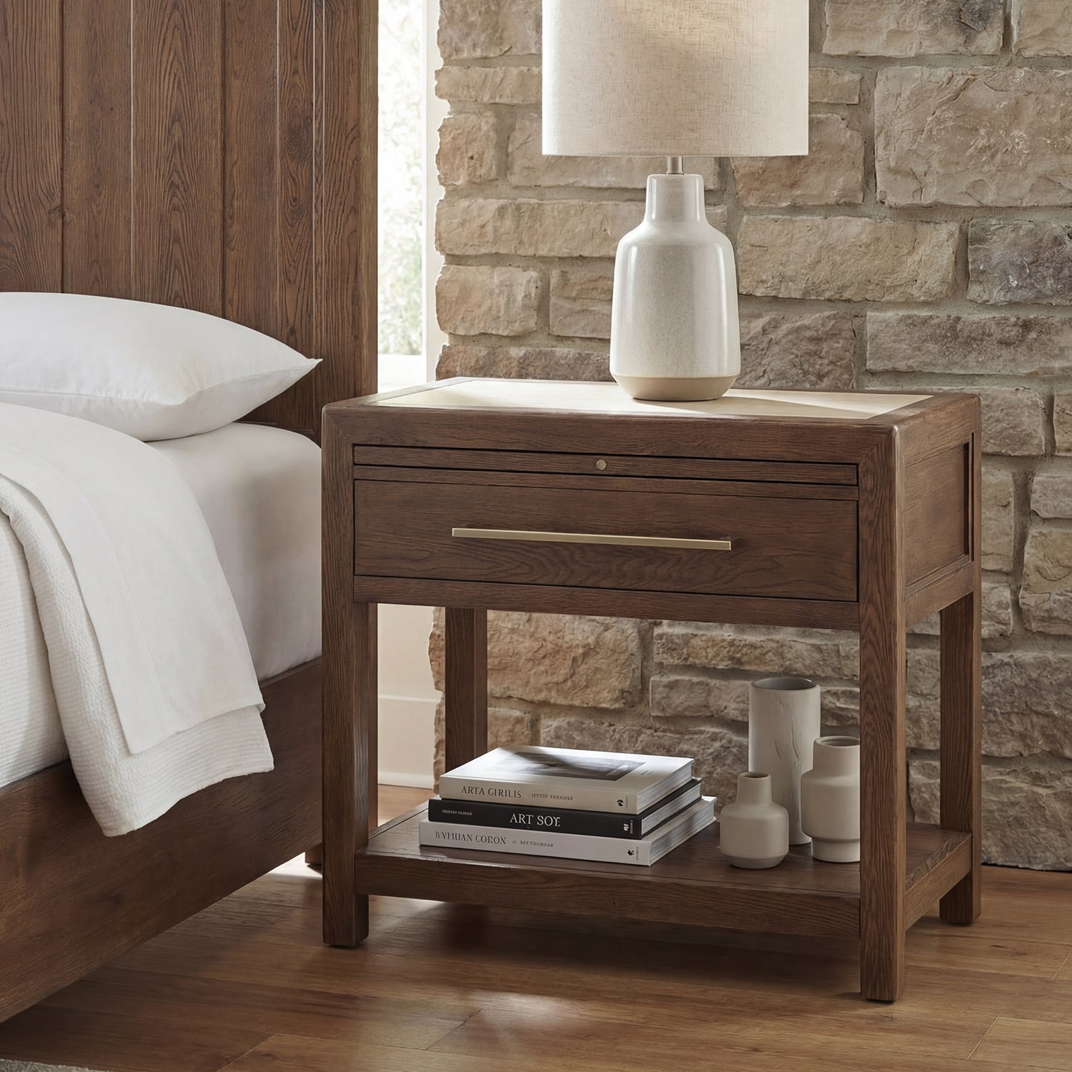 Hooker Furniture Driftwood Worn Saddle One-Drawer Nightstand with Stone