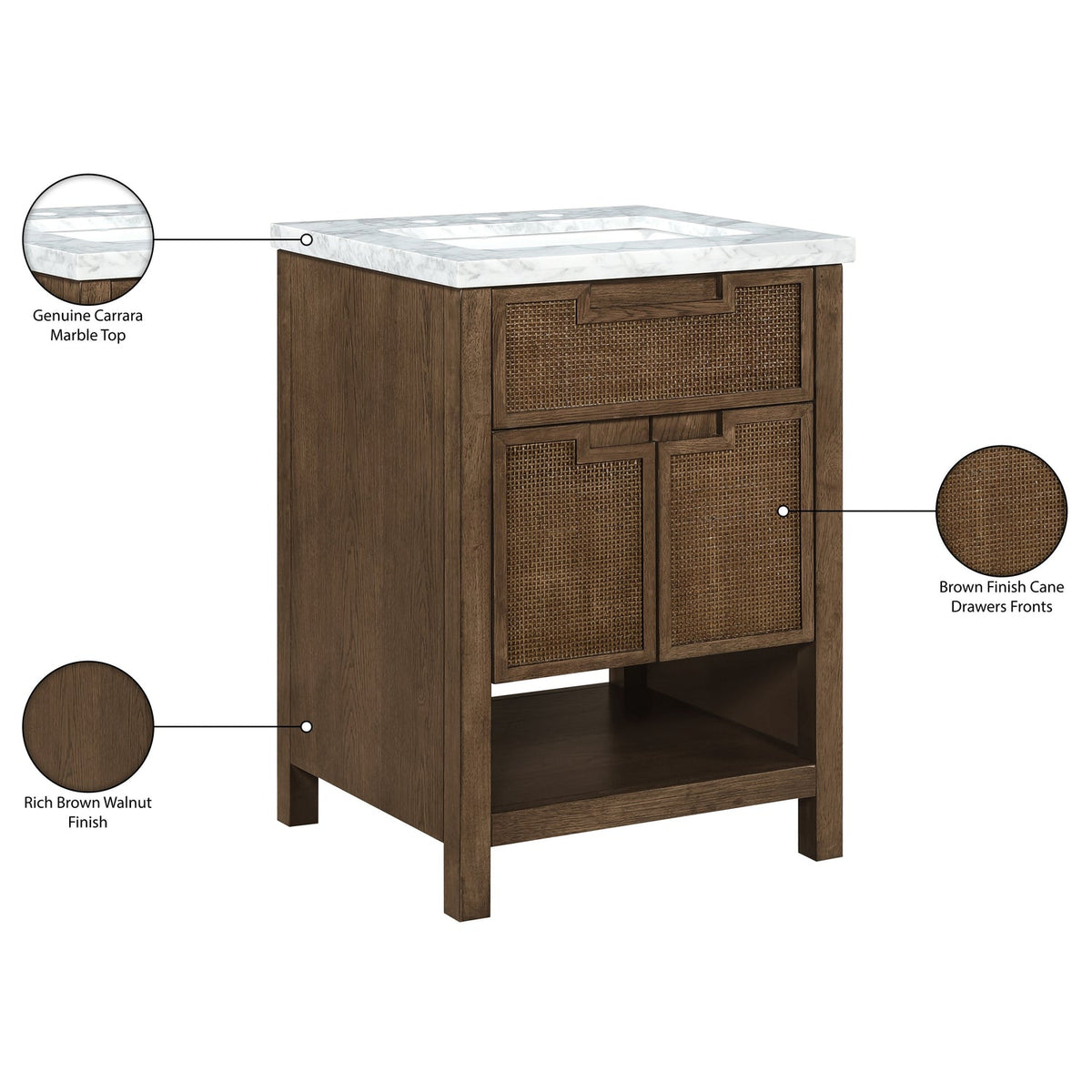 Soren 24in Brown Genuine Carrara Marble Cane And Solid Wood Bathroom Vanity