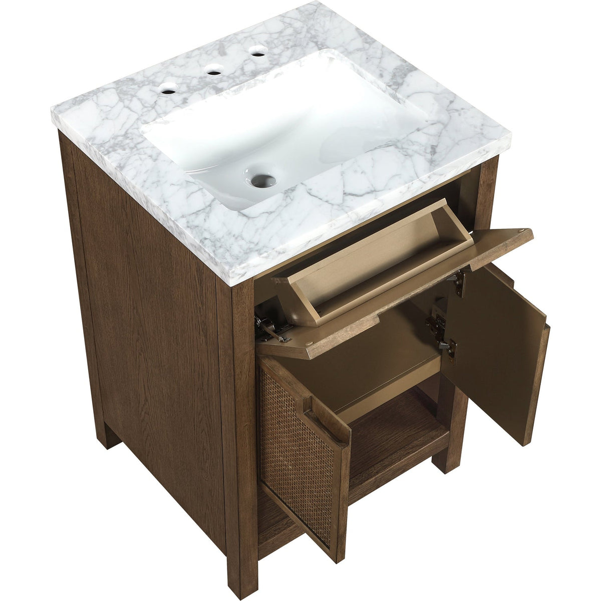 Soren 24in Brown Genuine Carrara Marble Cane And Solid Wood Bathroom Vanity