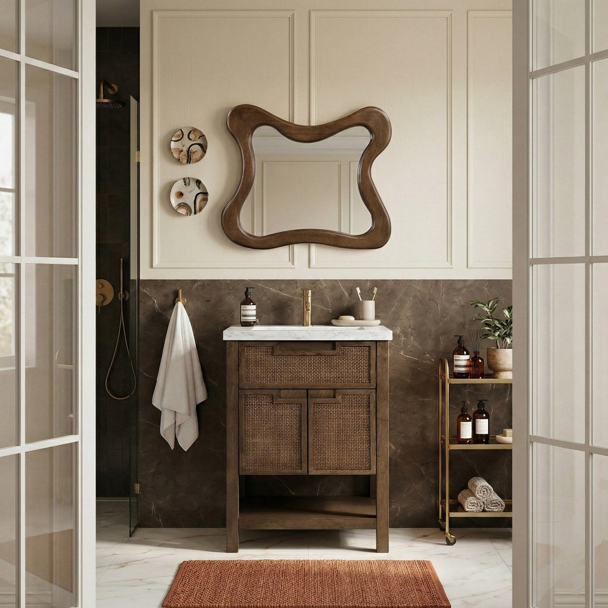 Soren 24in Brown Genuine Carrara Marble Cane And Solid Wood Bathroom Vanity