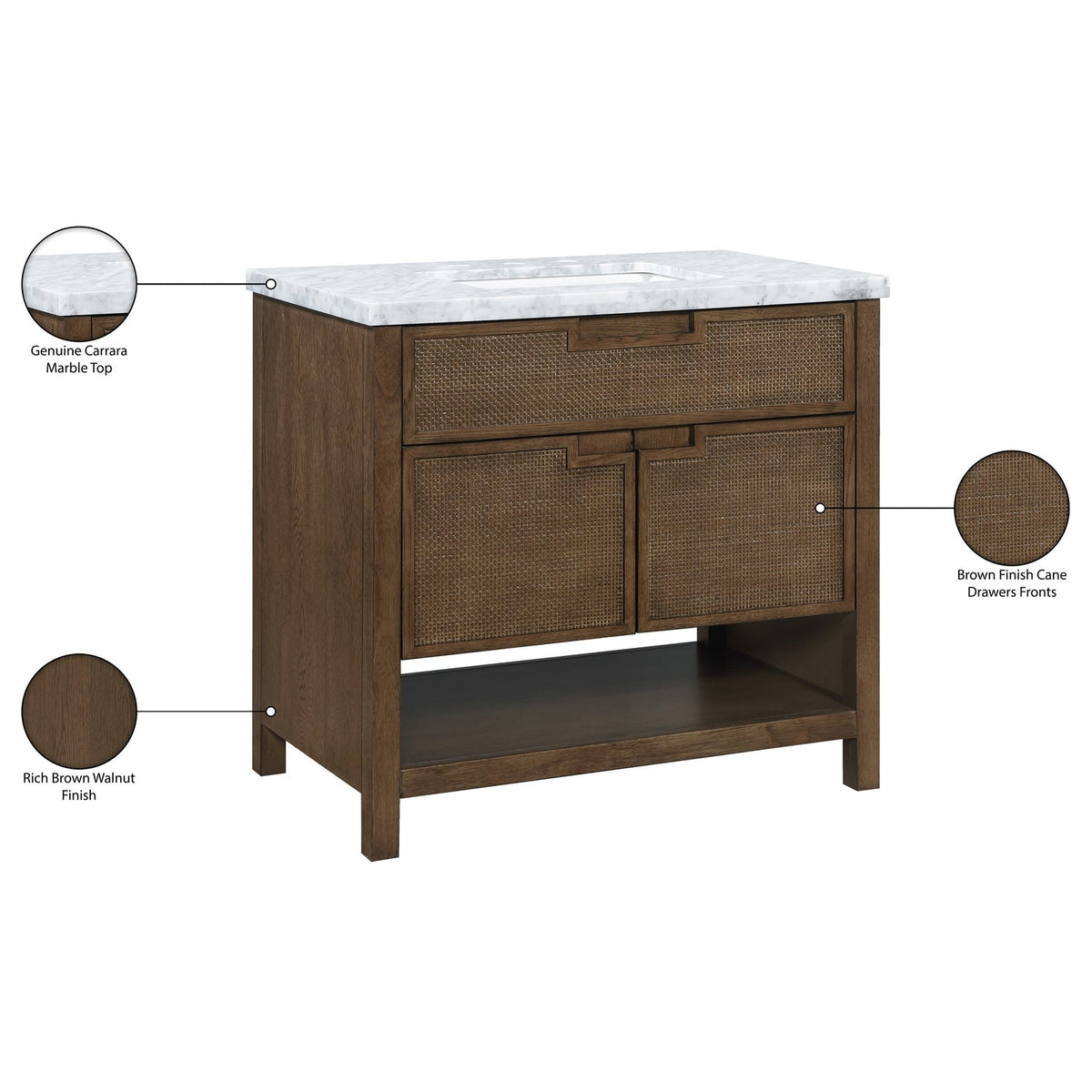 Soren 36in Brown Genuine Carrara Marble Cane And Solid Wood Bathroom Vanity