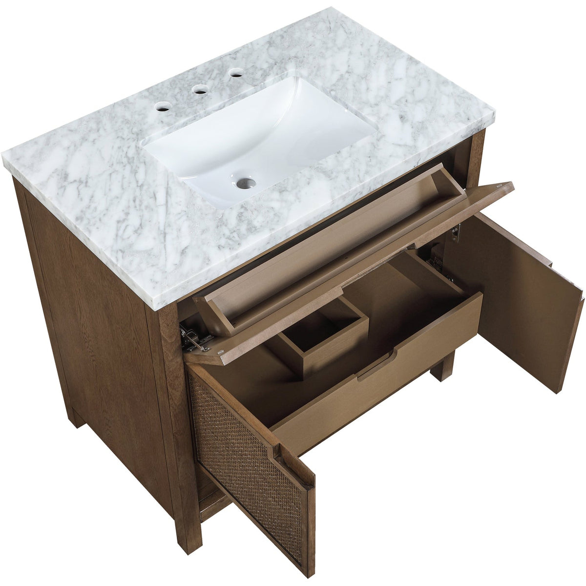 Soren 36in Brown Genuine Carrara Marble Cane And Solid Wood Bathroom Vanity