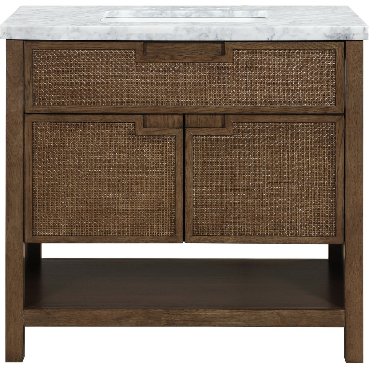Soren 36in Brown Genuine Carrara Marble Cane And Solid Wood Bathroom Vanity
