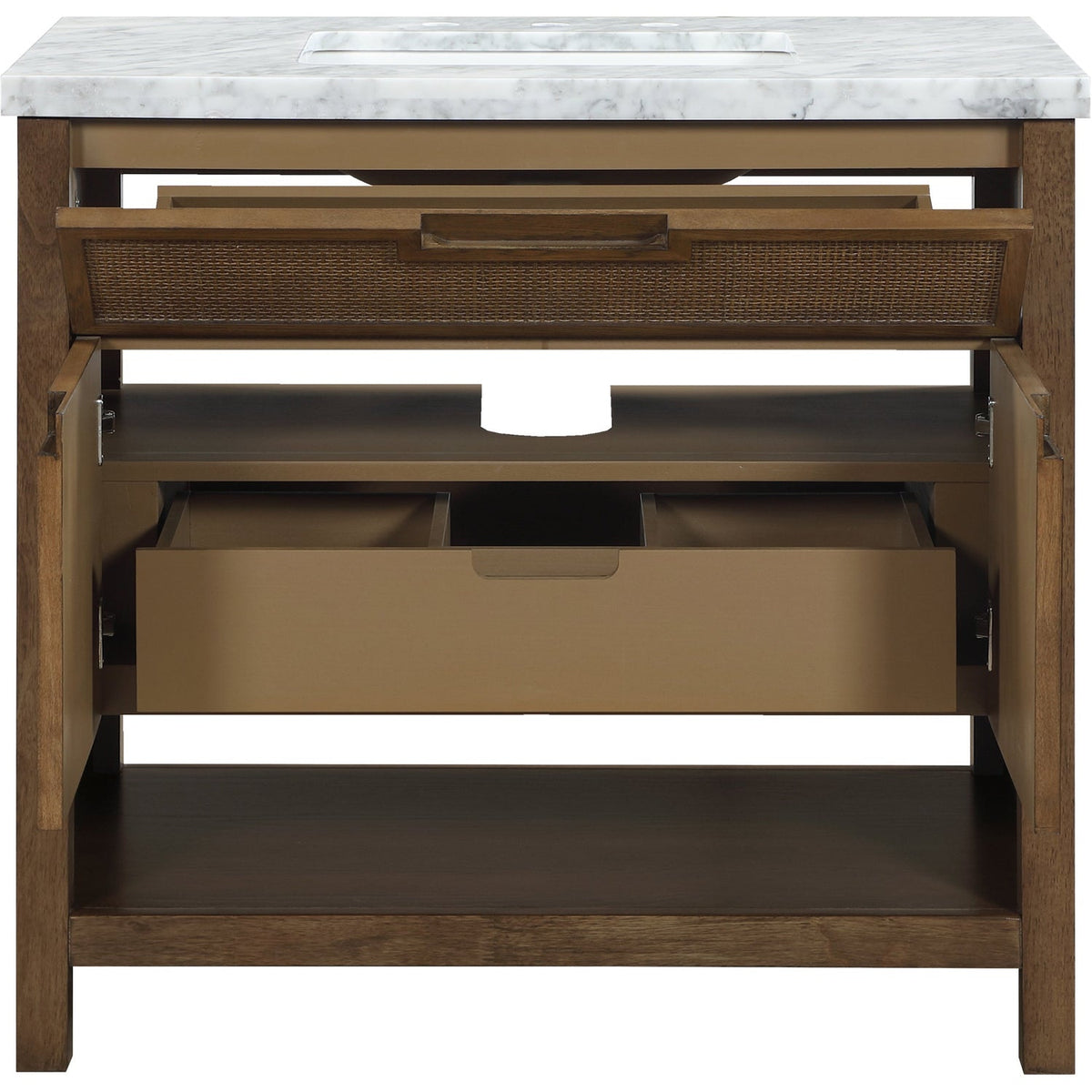 Soren 36in Brown Genuine Carrara Marble Cane And Solid Wood Bathroom Vanity