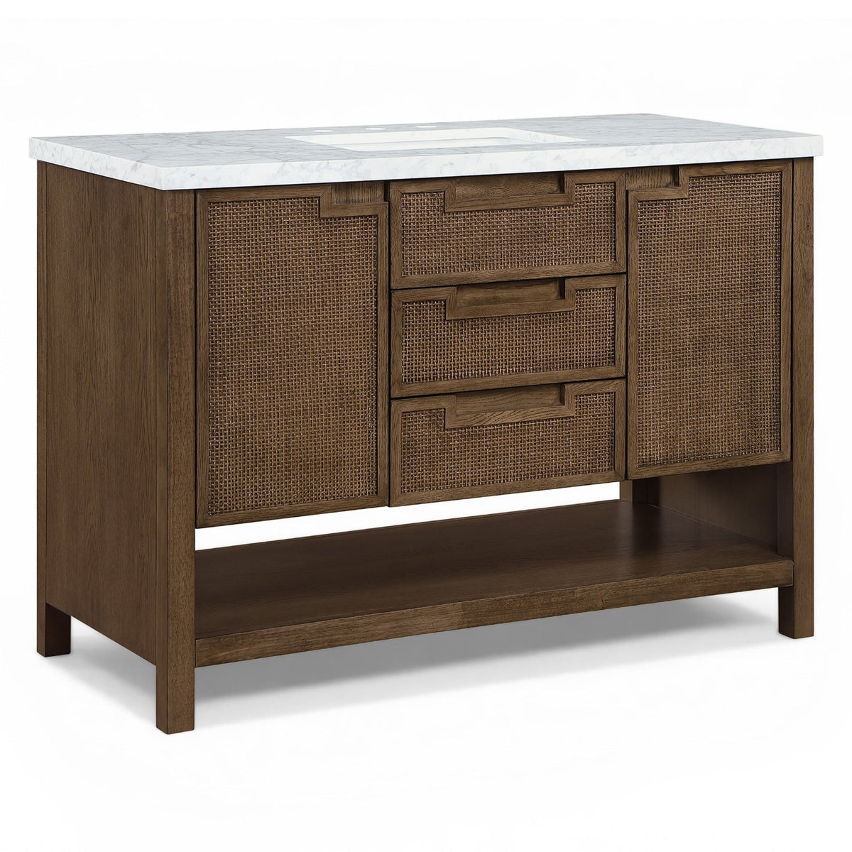 Soren 48" Brown Genuine Carrara Marble, Cane And Solid Wood Bathroom Vanity in brown walnut and marble, product view