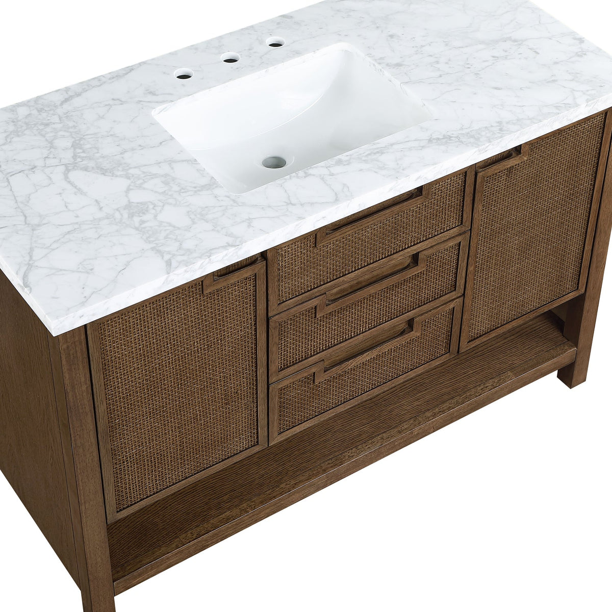 Soren 48in Brown Genuine Carrara Marble Cane And Solid Wood Bathroom Vanity
