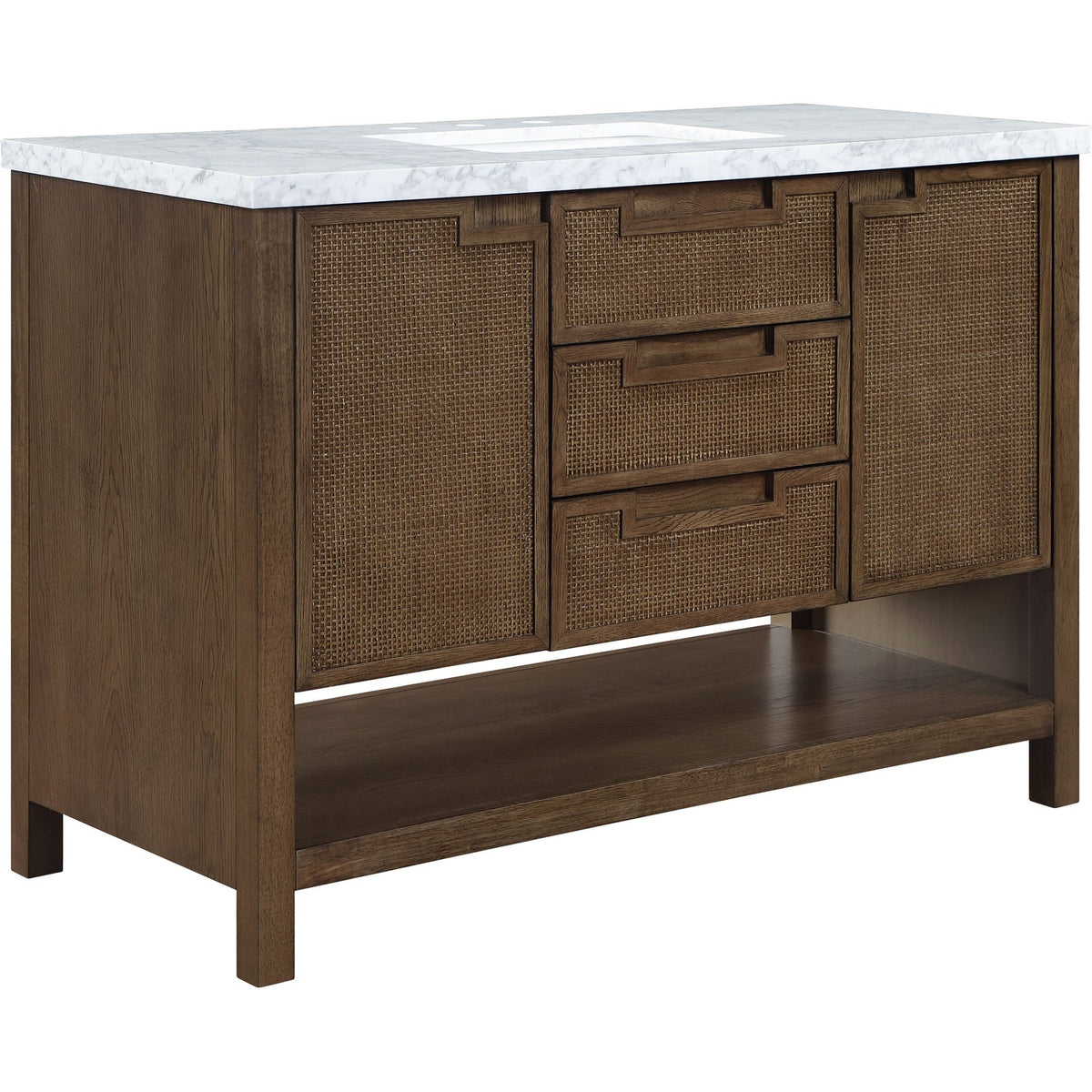 Soren 48in Brown Genuine Carrara Marble Cane And Solid Wood Bathroom Vanity