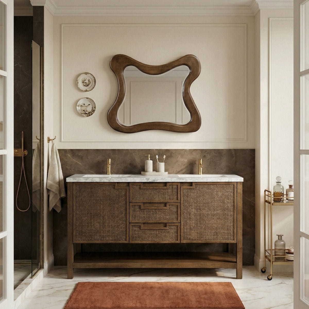 Soren 60in Brown Genuine Carrara Marble Cane And Solid Wood Bathroom Vanity